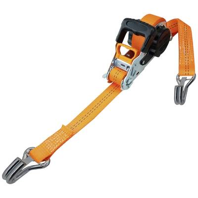 Oranžový upínací popruh s kovovými háky a ráčnovým mechanismem, používaný k zajištění nákladu.