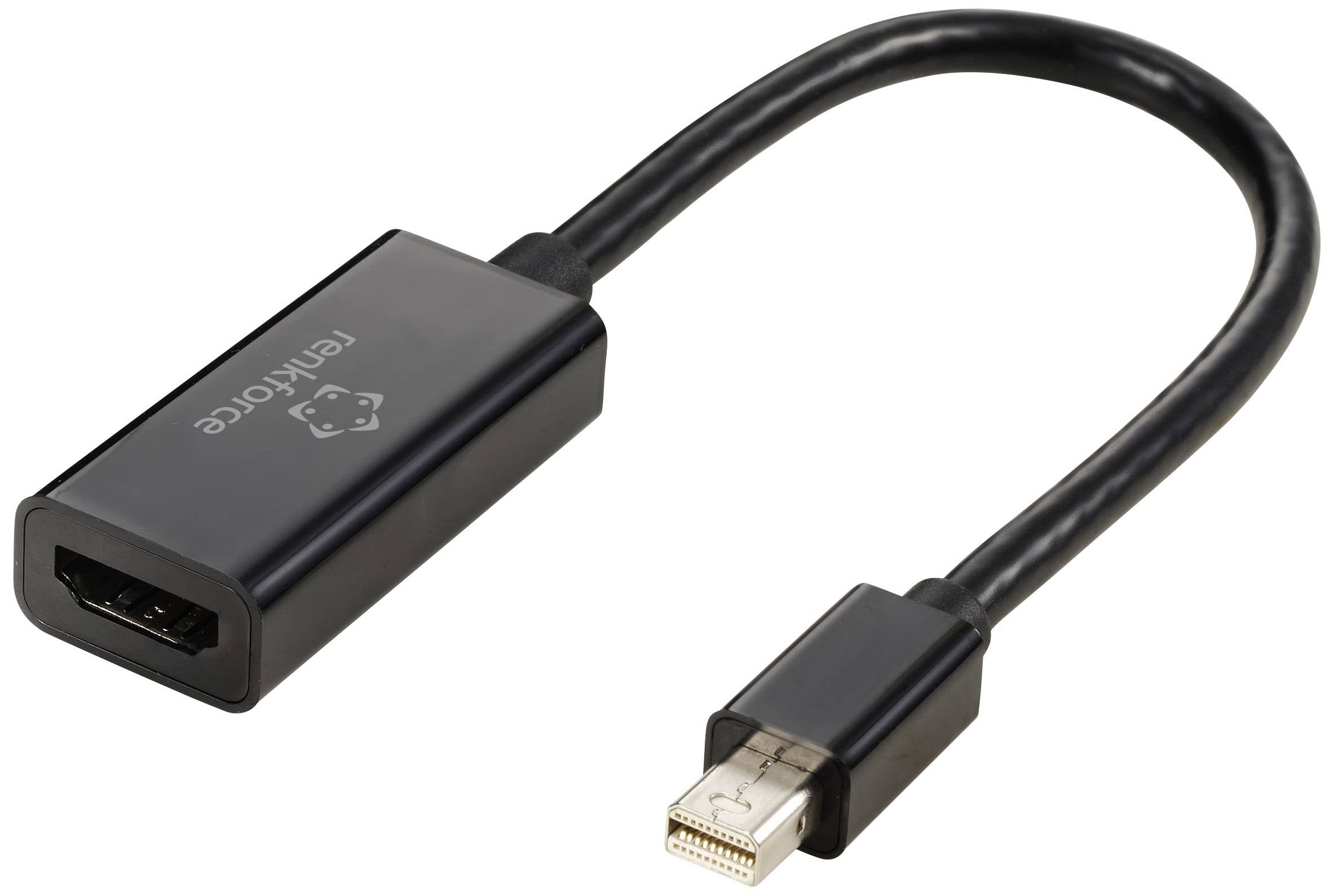 Černý kabel s HDMI konektorem na jedné straně a Mini DisplayPort konektorem na straně druhé, určený pro připojení zařízení.
