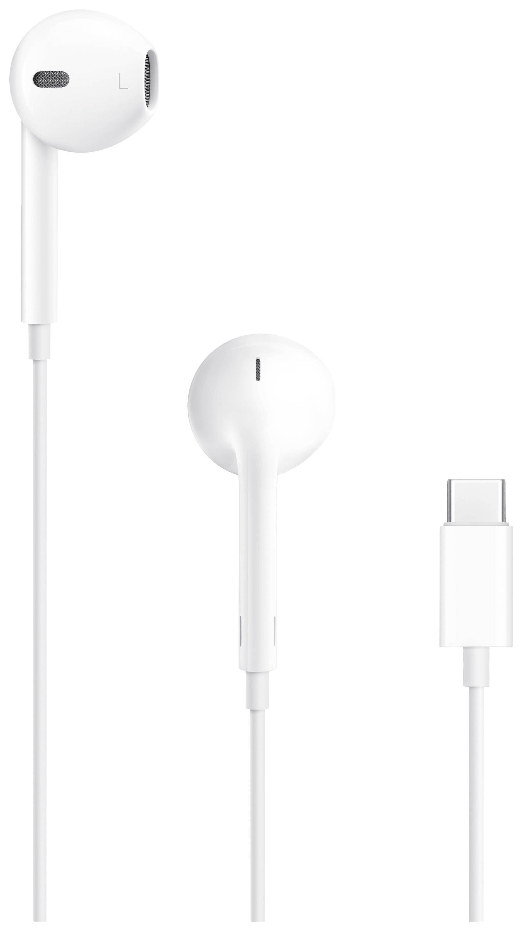 Bílé kabelové sluchátka do uší s připojením USB-C, viditelná levá a pravá strana.