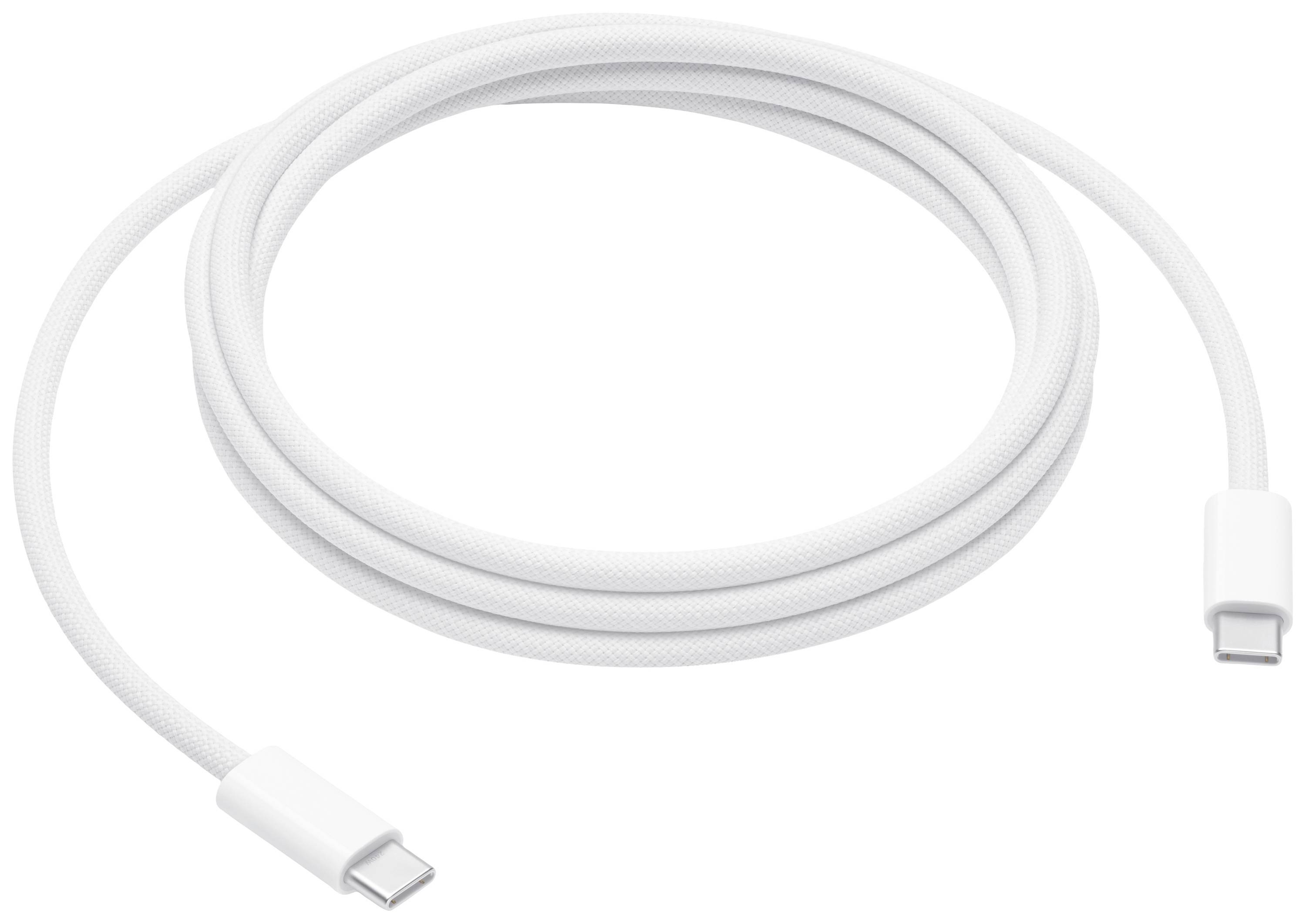 Bílý kabel USB-C na USB-C, vhodný pro nabíjení a přenos dat, je volně smotán na ploché ploše.