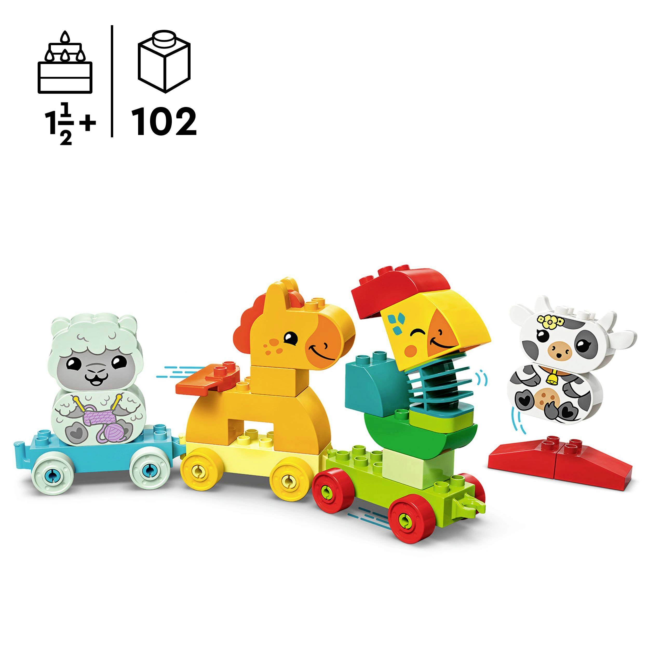 LEGO Duplo sada pro hru od 1,5 let s 102 díly. Barevné zvířecké figurky na kolečkách: Lama, žirafa, papoušek, kráva. Hravé učení.