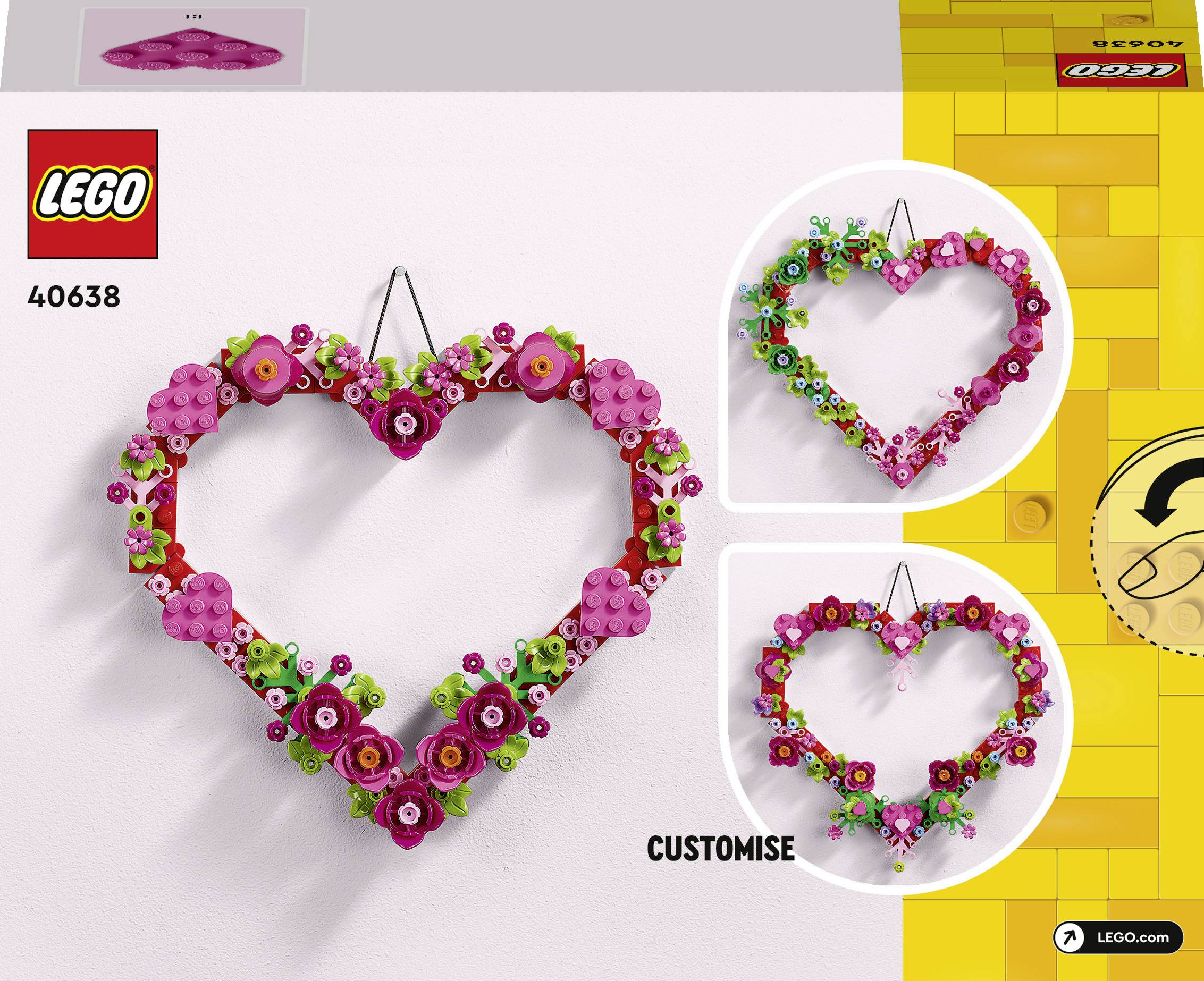 Srdcovitý věnec z LEGO kostek v růžové a zelené barvě. Jsou zobrazeny dvě varianty věnce. Číslo setu 40638.