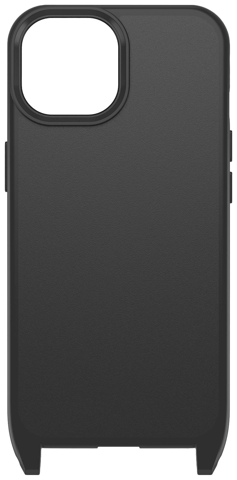 Černý smartphone kryt s texturovaným povrchem a přesnými výřezy pro fotoaparát a konektory. Minimalistický design.