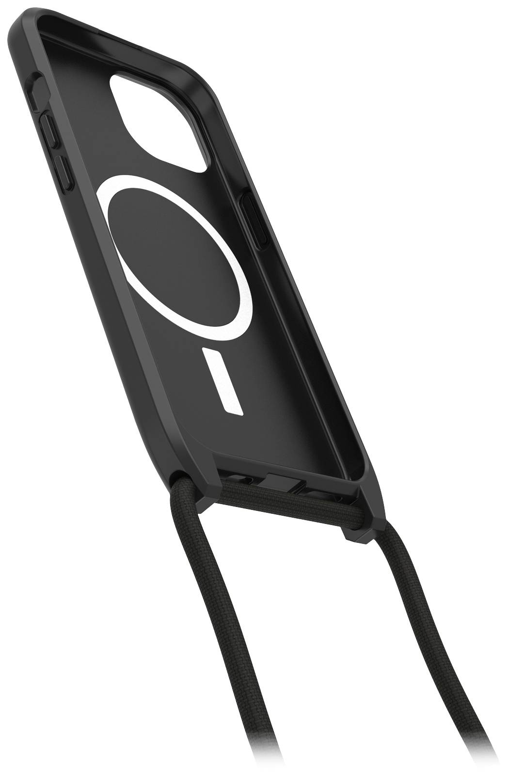 Černý obal na smartphone s integrovaným MagSafe kroužkem a poutkem, navržený pro lepší uchopení a bezdrátové nabíjení.