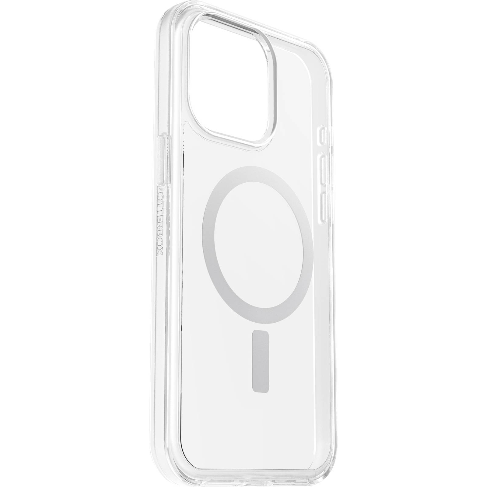 Průhledný mobilní kryt s stříbrným magnetickým kruhem pro bezdrátové nabíjení, elegantní design, chrání zařízení před škrábanci.