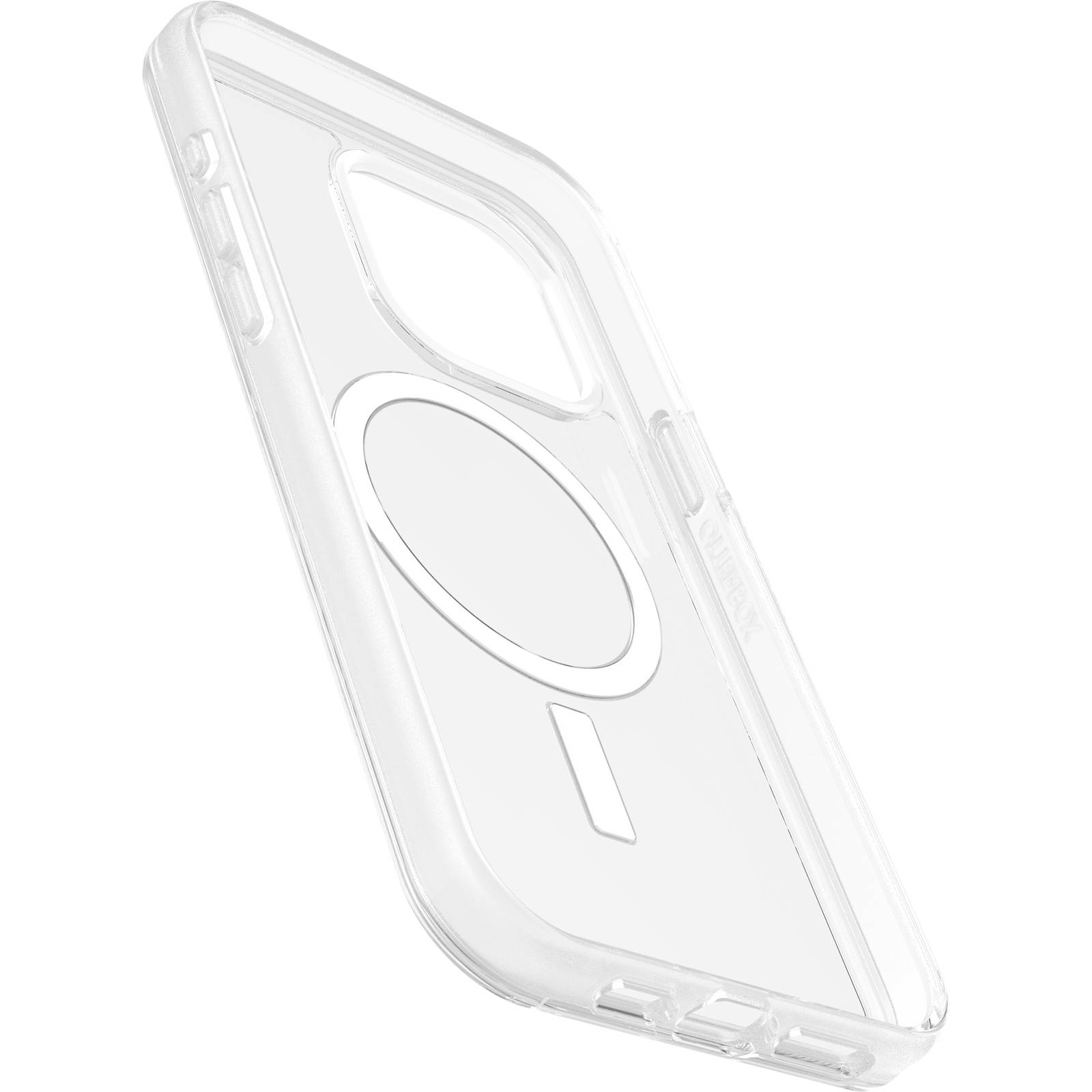 Průhledný kryt na mobilní telefon s kruhovým prostorem pro MagSafe, navržený pro ochranné účely; boční pohled odhaluje tlačítka a konektory.