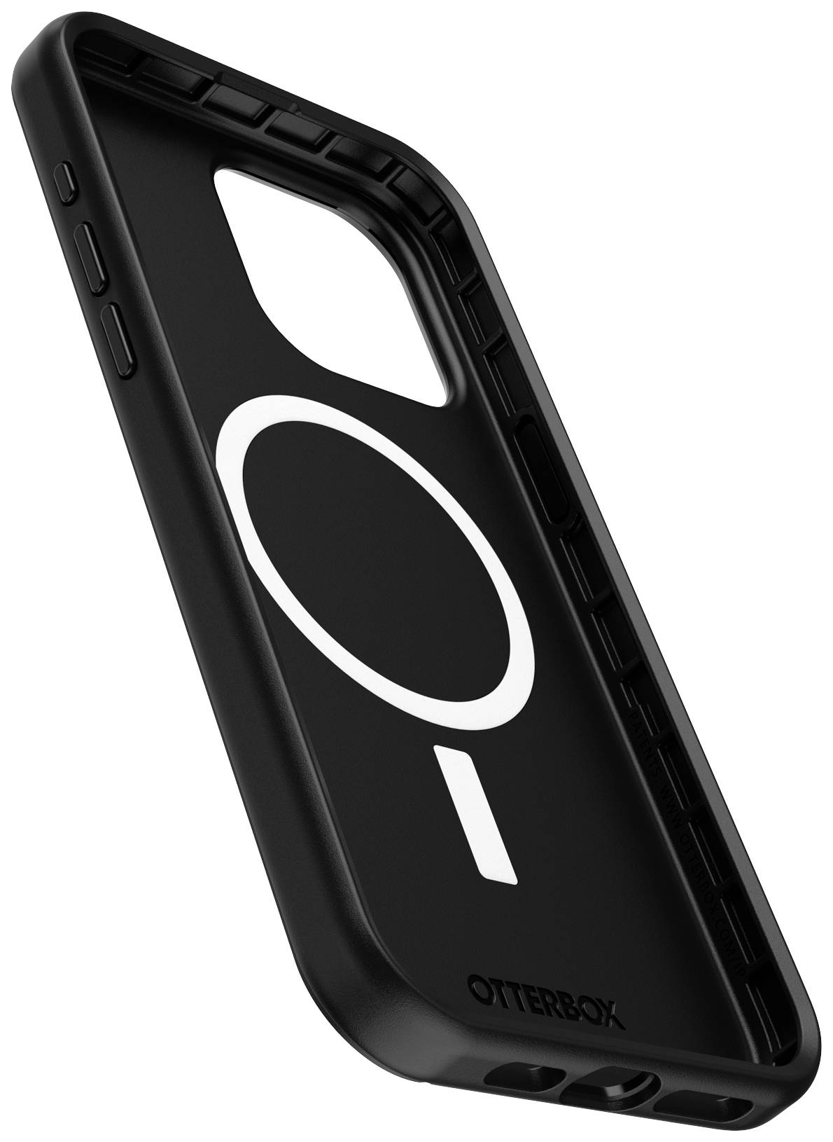 Obal na smartphone od OtterBoxu v černém designu s integrovaným MagSafe kroužkem, vhodný pro iPhone, poskytuje robustní ochranu.
