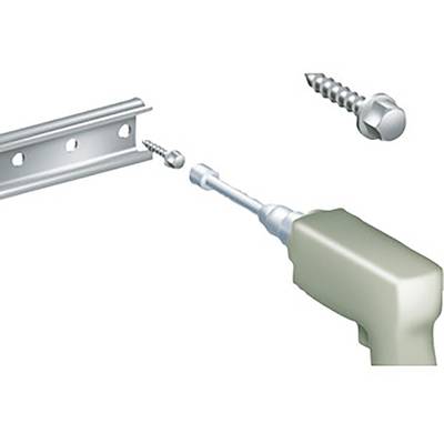 Elektrický šroubovák zašroubovává šroub do otvoru kovové lišty, vedle leží další šroub.