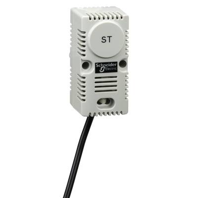 Bílý teplotní a vlhkostní senzor značky Schneider Electric s černým kabelem.