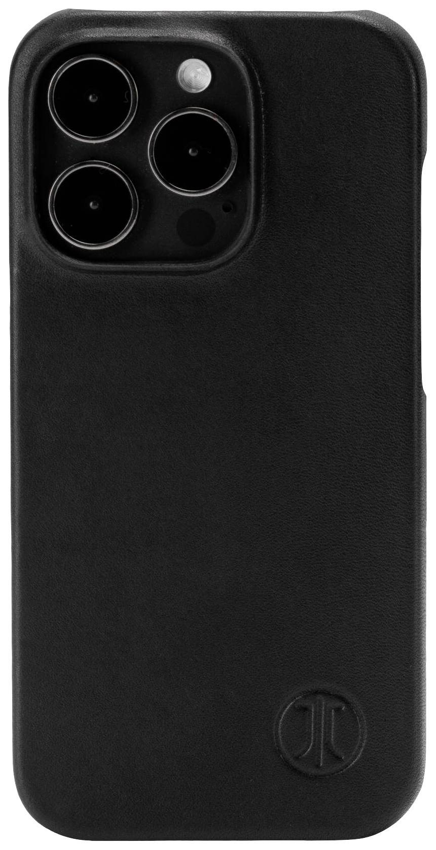 Černý obal na smartphone se třemi výřezy pro kameru a logem raženým dole vpravo.