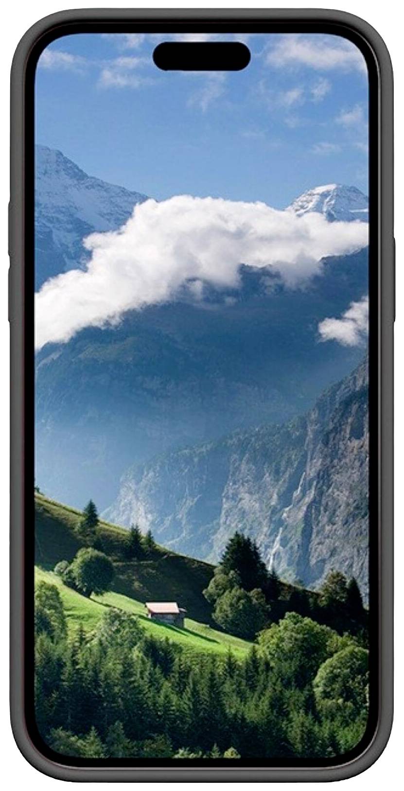 Mobilní telefon zobrazuje obrázek zelených kopců, stromů a sněhem pokrytých hor v pozadí pod modrou oblohou s mraky.