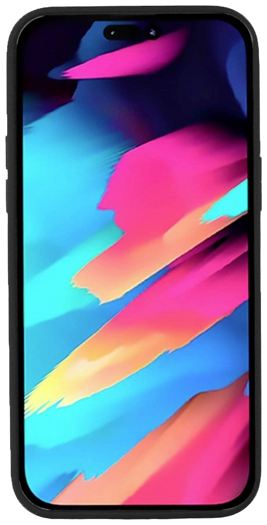 Smartphone s abstraktním, barevným pozadím na displeji. Pozadí zobrazuje zářivé odstíny modré, růžové a žluté.