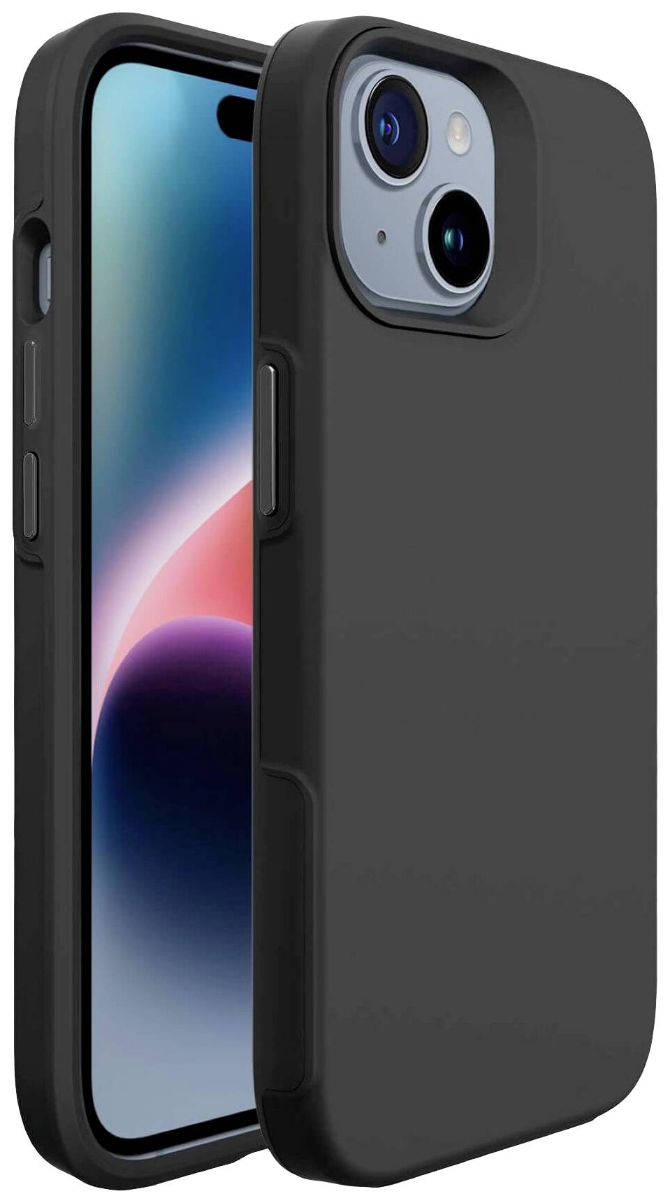 Smartphone s černým pouzdrem, vertikální duální kamerový setup. Minimalistický design, zaoblené rohy, boční tlačítka viditelná.