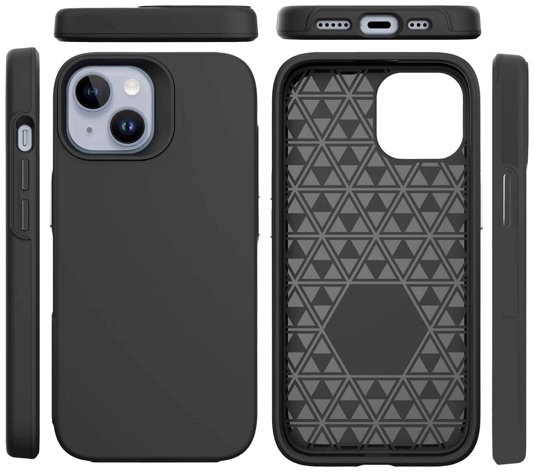 Různé pohledy na černý mobilní kryt s geometrickým vzorem uvnitř a výřezy pro fotoaparát a konektory.