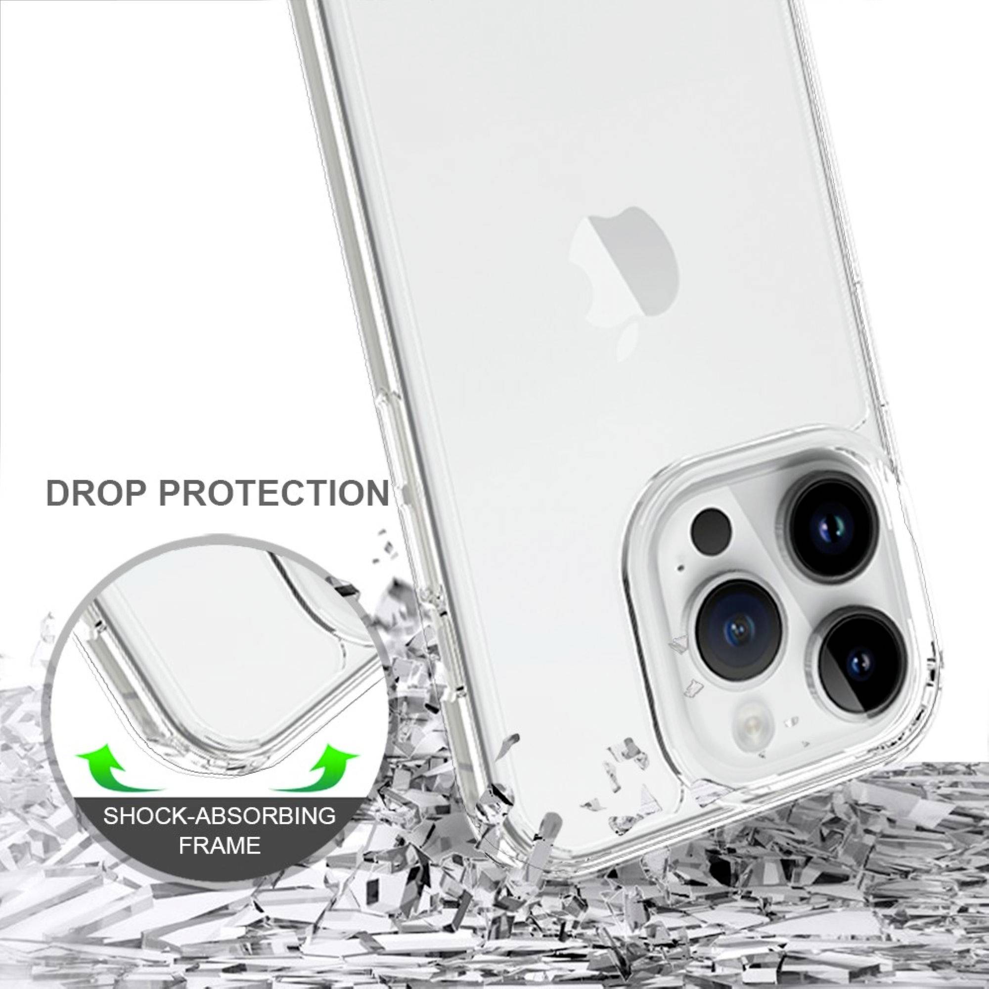 Průhledný mobilní kryt obklopuje smartphone se třemi fotoaparáty. Text: 'OCHRANA PŘED PÁDEM' a 'NÁRAZUVZDORNÝ RÁM'.