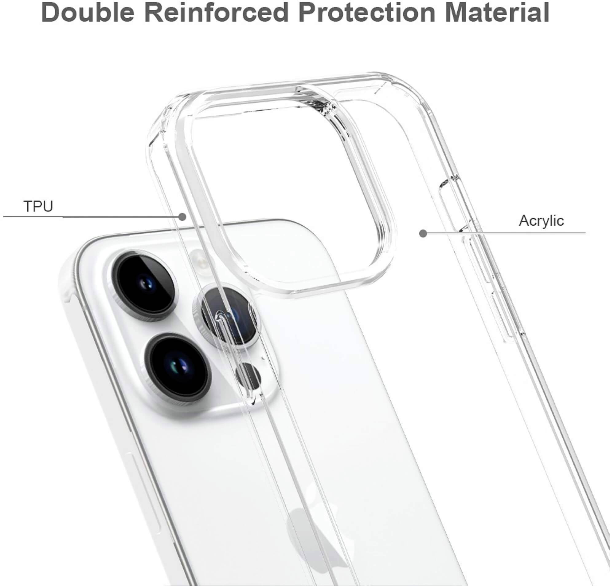 Průhledný obal na mobil s 'Dvojitě zesíleným ochranným materiálem', vyrobený z TPU a akrylu. Zobrazuje kamery na smartphonu.