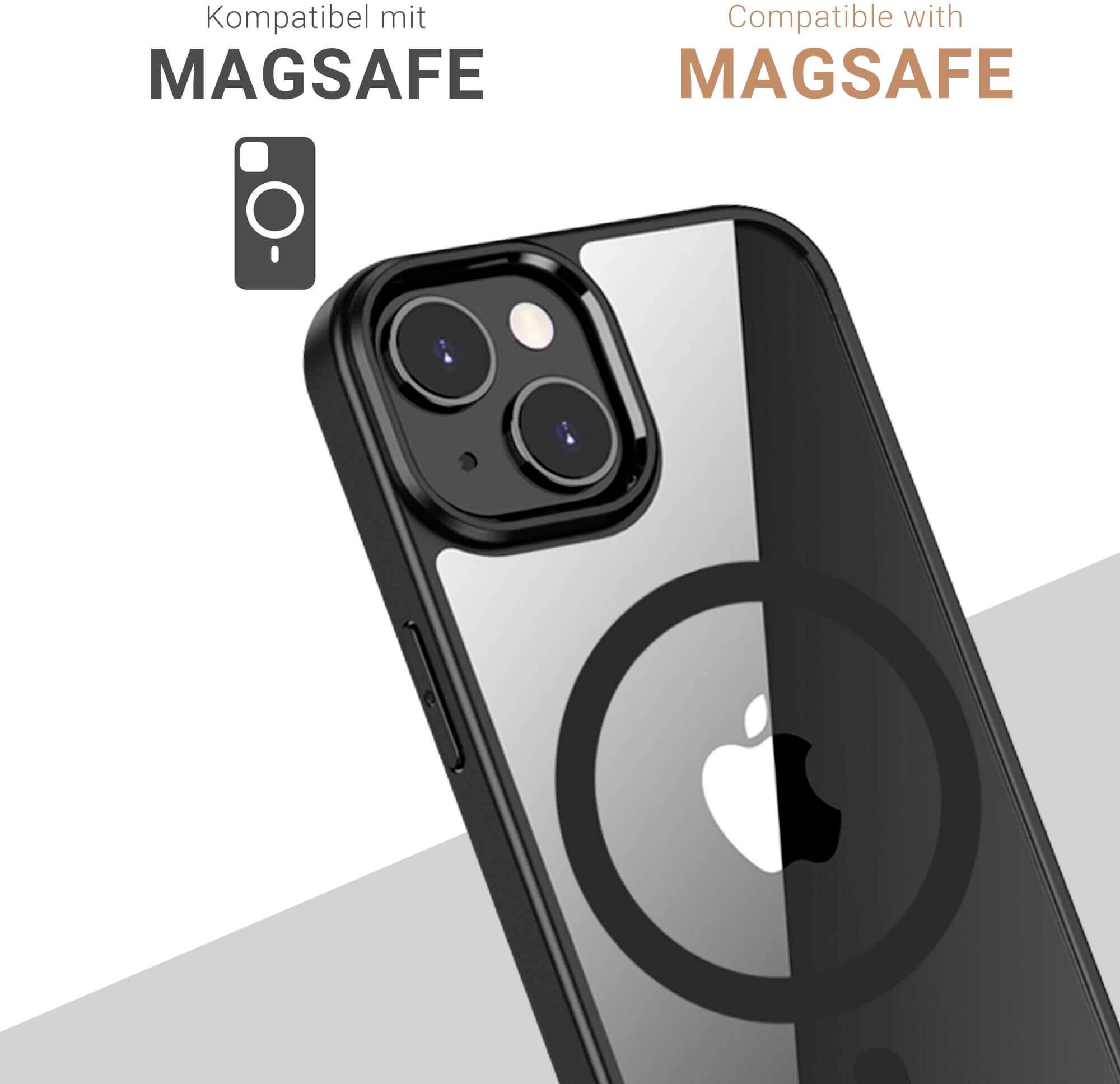 Obrázek zobrazuje smartphone s průhledným pouzdrem, které je "kompatibilní s MagSafe". Text je zobrazen v němčině a angličtině.