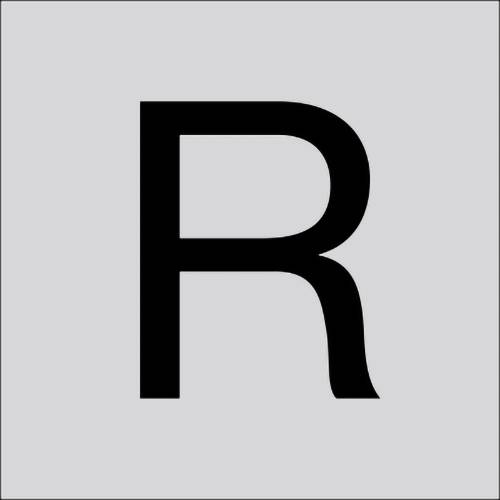 Černé velkopísmenné "R" vycentrované na světle šedém pozadí.