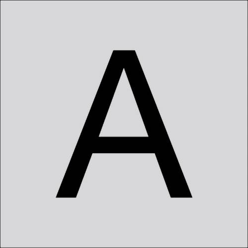 Velké černé kapitálové písmeno „A" vycentrované na světle šedém pozadí.