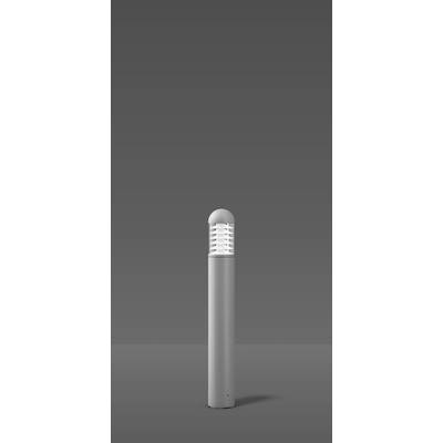 Moderní válcová zahradní lampa s horizontálními světelnými pruhy stojí na šedém povrchu před tmavým pozadím.