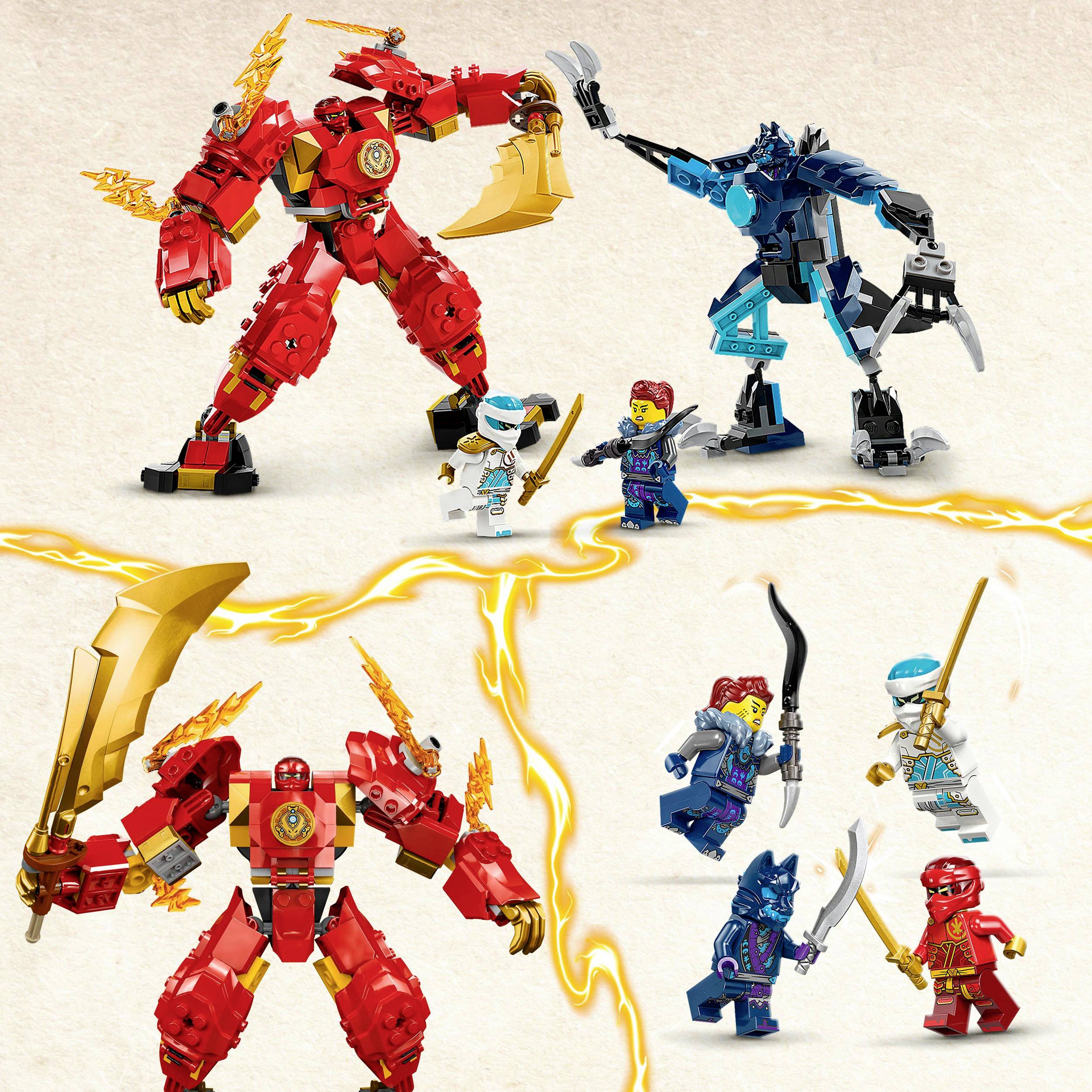 Červení a modří LEGO roboti bojují; obklopeni miniaturními figurkami se zbraněmi.