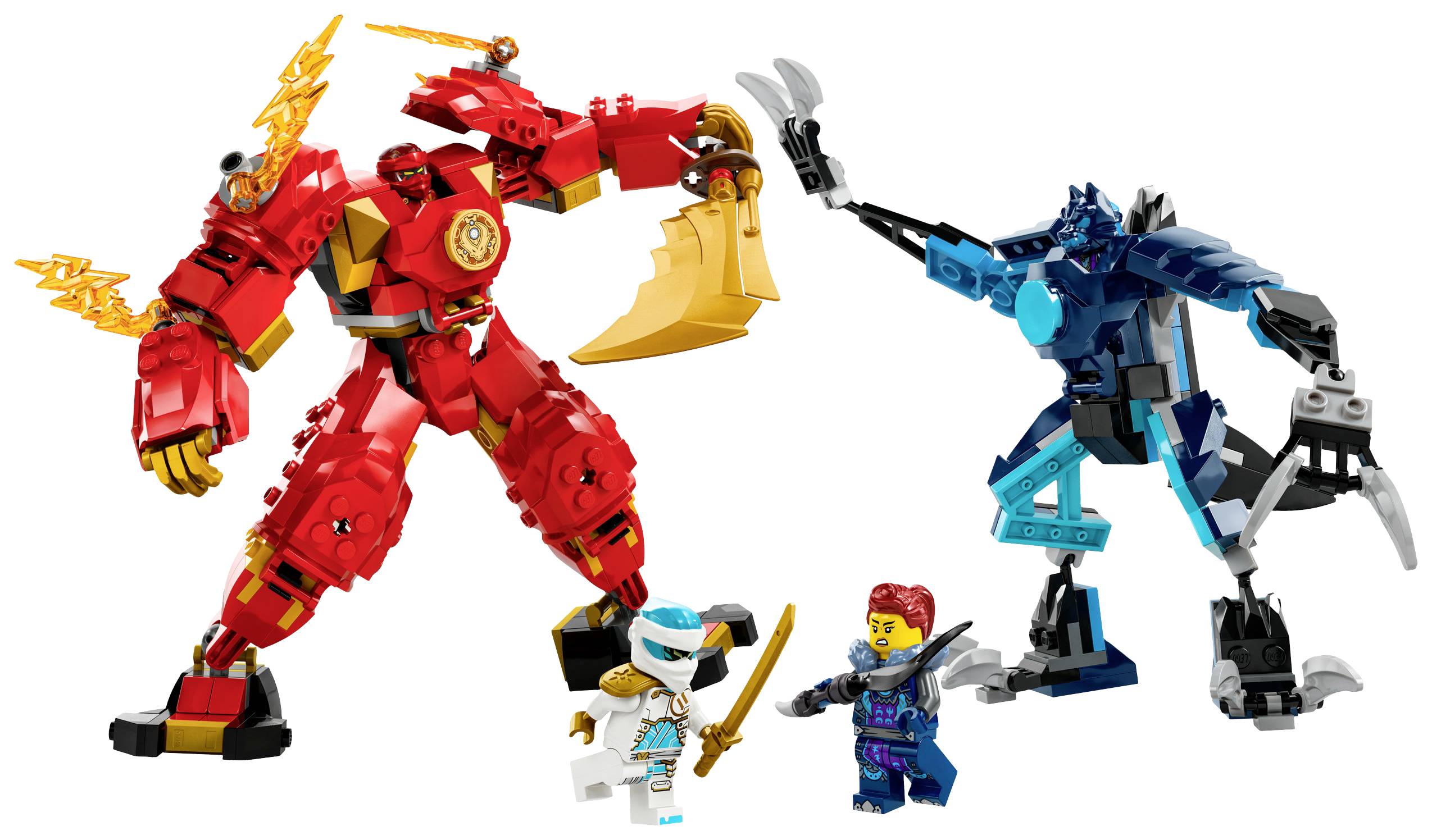 Dva velcí, soupeřící roboti z LEGA stojí proti sobě, po stranách doprovázeni dvěma malými LEGO figurkami ozbrojenými zbraněmi, připraveni k boji.