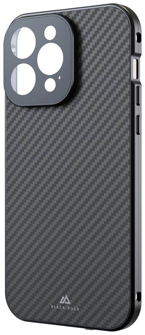Černý obal na smartphone s designem karbonových vláken. Obal má přesné výřezy pro kameru a tlačítka.