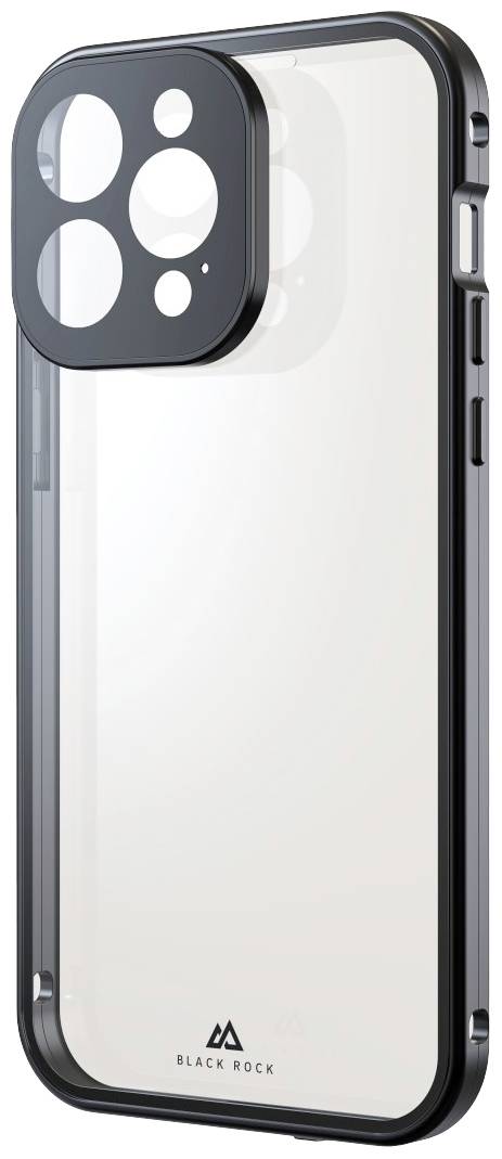 Průhledný smartphone kryt s černým lemováním a výřezy pro kameru, značka 'Black Rock' zobrazená dole.