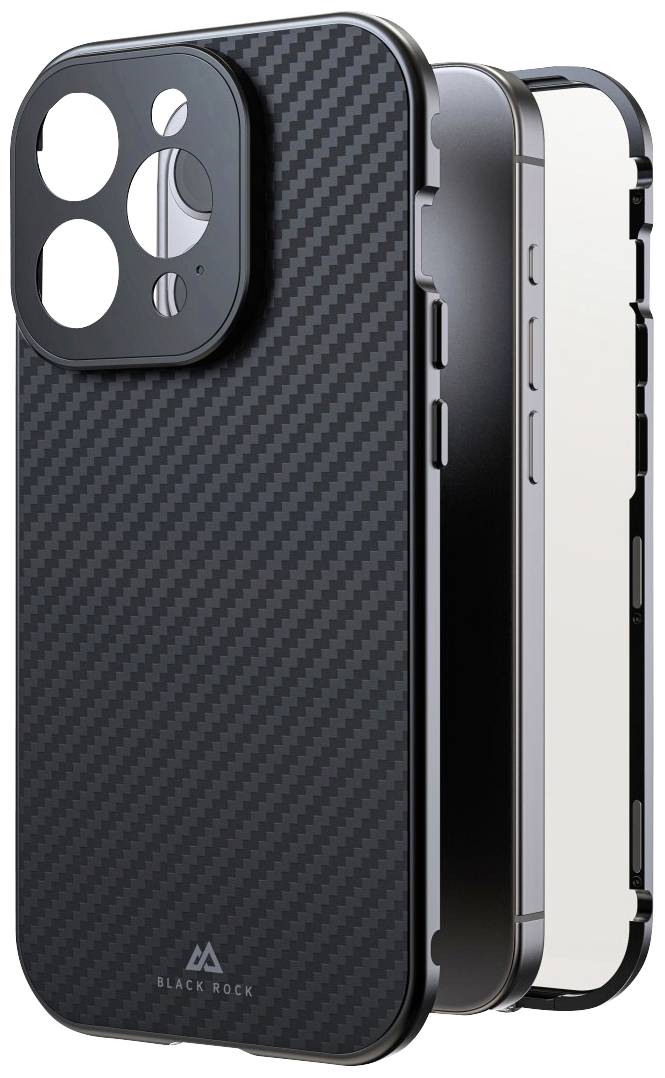 Černý mobilní kryt s karbonovou texturou vedle smartphonu zobrazujícího boční tlačítka.