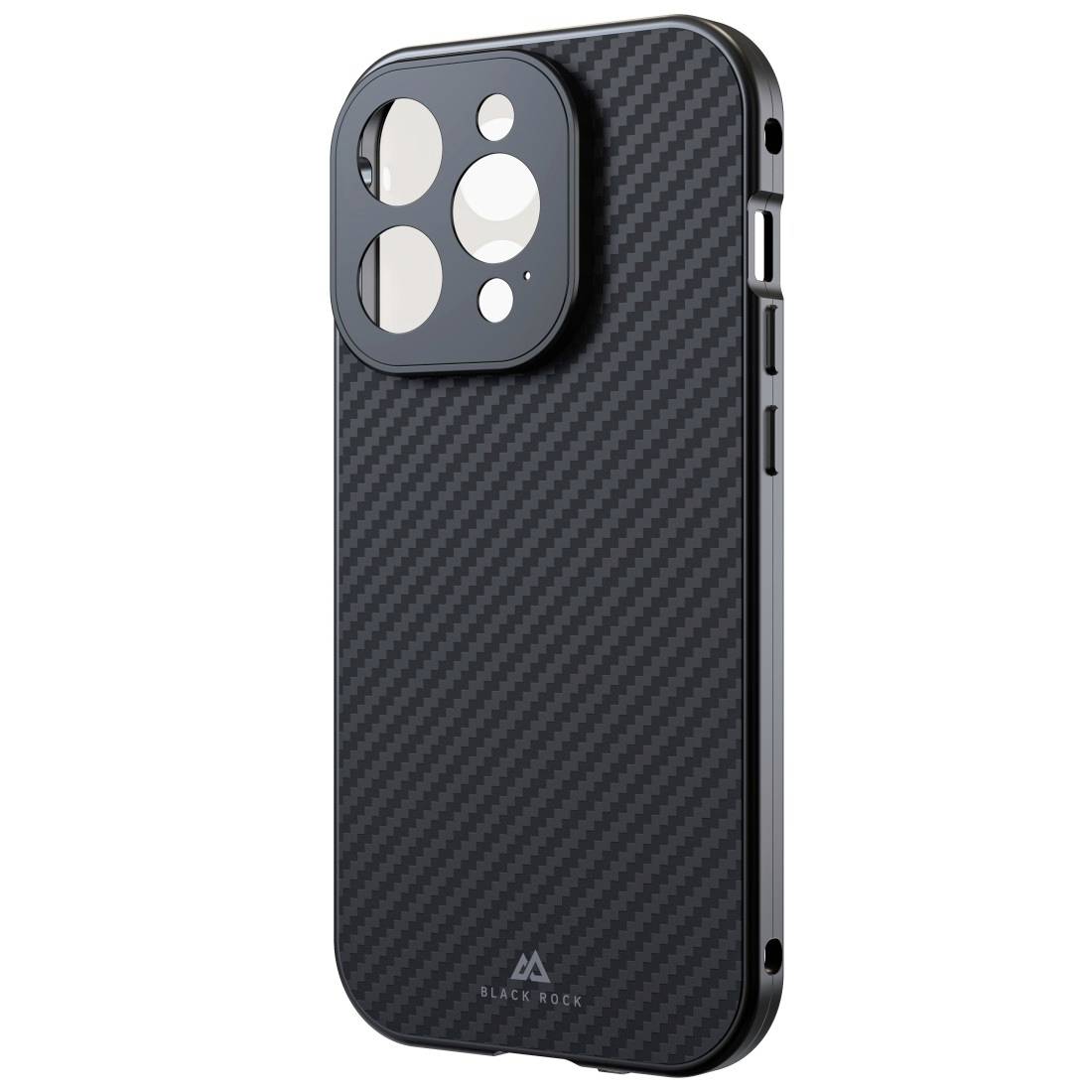Černý obal na smartphone s tmavým vzorem karbonových vláken a výřezem pro fotoaparát. Vhodný pro moderní modely smartphonů.