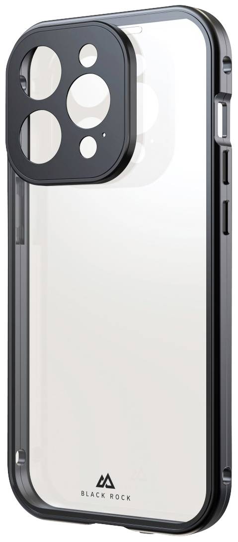 Průhledný mobilní kryt s černou ochranou fotoaparátu. Logo "Black Rock" dole. Jednoduché designové řešení pro maximální ochranu zařízení.