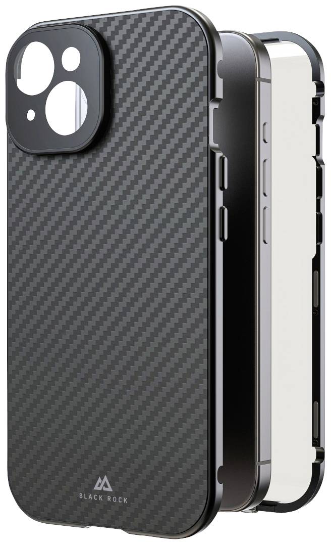Třídílný obal na mobilní telefon z karbonům podobného materiálu, který ukazuje smartphone zezadu. Je viditelný nápis "Black Rock".