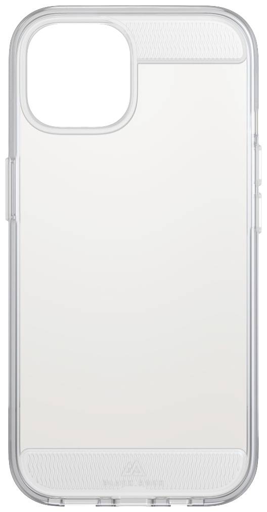 Průhledný kryt na mobilní telefon pro smartphone, ukazující design s výřezy pro kameru a konektory, jednoduchý a funkční.
