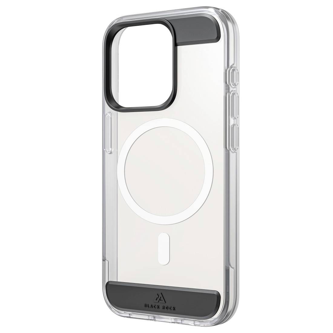 Průhledný obal na mobil s černými detaily, vhodný pro smartphone s velkým výřezem pro fotoaparát a kruhovým designem MagSafe.