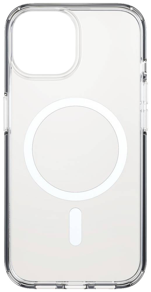Průhledný obal na smartphone kompatibilní s MagSafe, zobrazující kruhový design MagSafe na zadní straně.