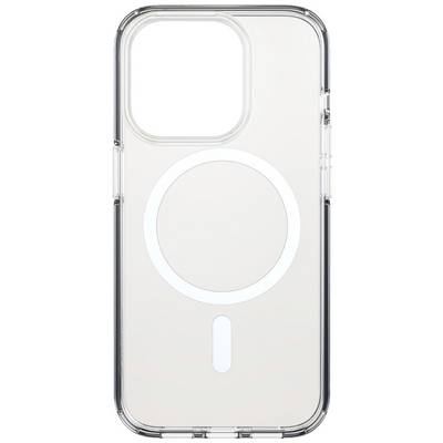 Průhledný obal na smartphone s kruhovým symbolem MagSafe uprostřed, vhodný pro telefony s velkými kamerovými moduly.