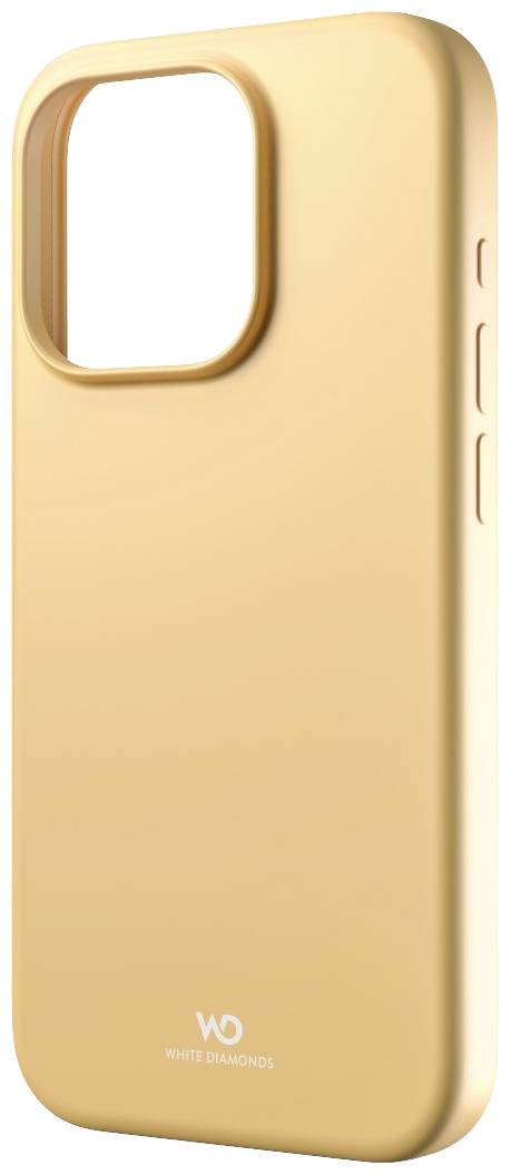 Žluté pouzdro na smartphone s ochranou fotoaparátu a výřezy pro boční tlačítka. Logo 'White Diamonds' viditelné uprostřed dole.