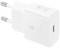 Bílá USB nabíječka s evropskou zástrčkou s nápisem "Super Fast Charging" a "Energy Efficiency".