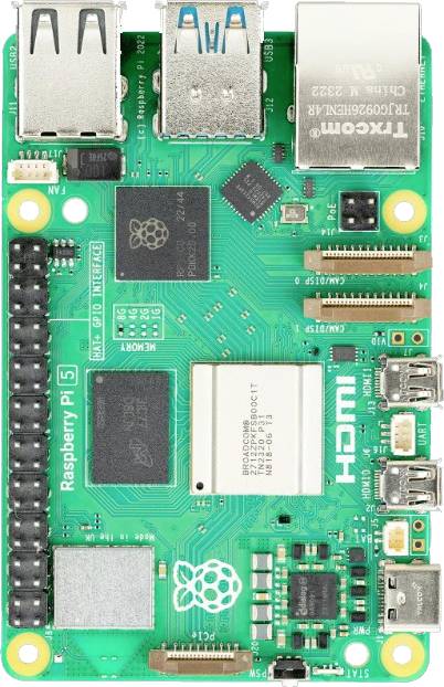 Zelená deska plošných spojů s elektronickými komponenty a konektory, včetně USB portů a HDMI, s logem Raspberry.