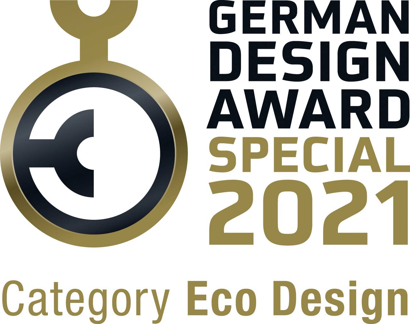 Logo German Design Award s nápisem 'Speciál 2021, kategorie Eko Design', zdůrazňující mimořádně oceněný ekologický design.