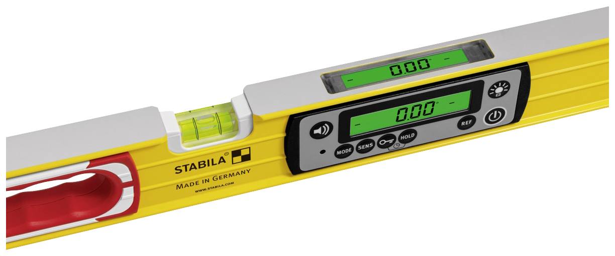 Digitální vodováha se žlutým pouzdrem, elektronickým displejem a libelou, vyrobená v Německu.