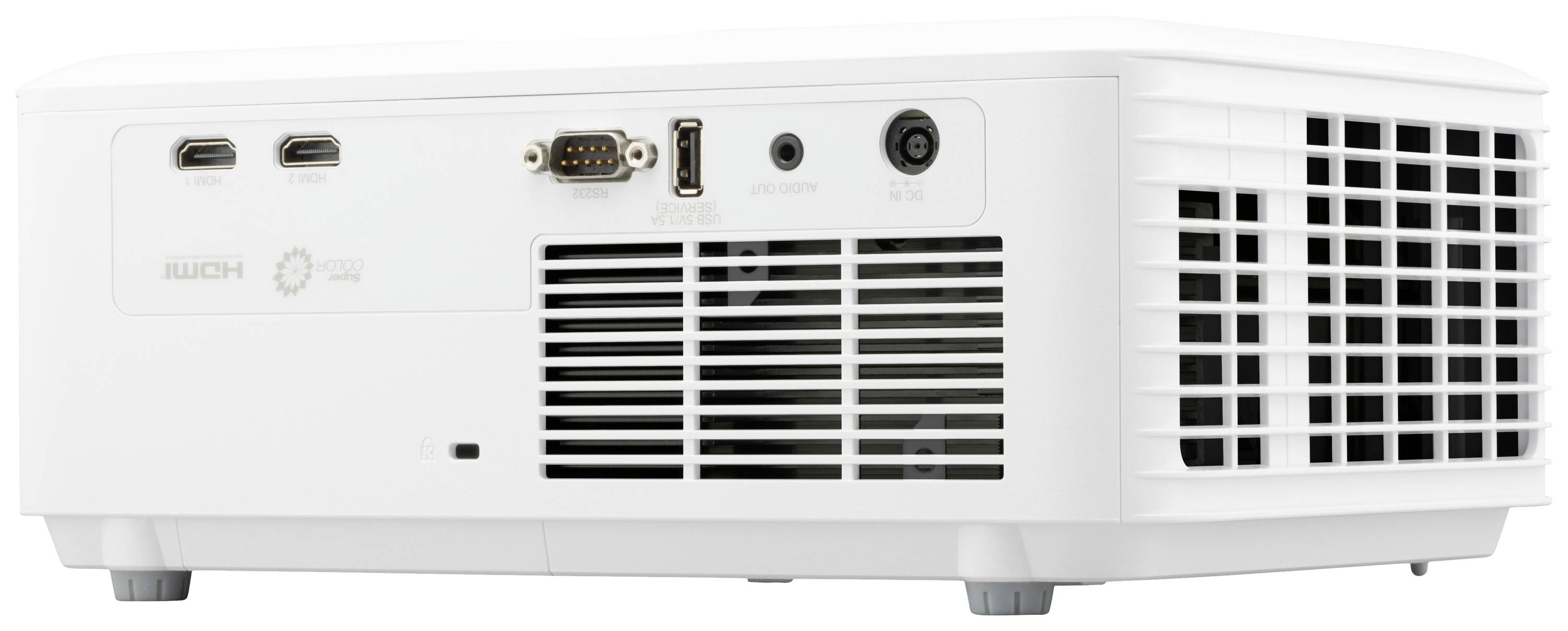 Pohled zezadu na bílý projektor s různými připojovacími porty jako HDMI, USB a VGA, včetně větracích mřížek.