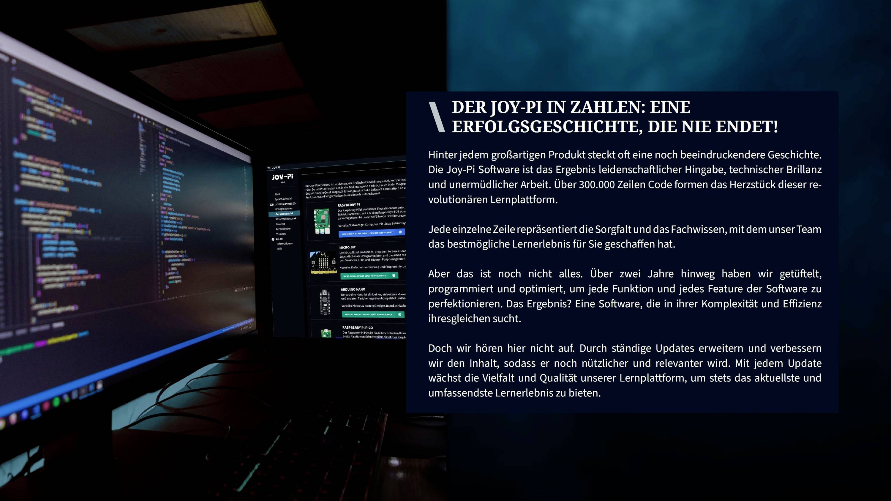 Dva monitory s programátorským kódem; textové okno vpravo s nadpisem 'Joy-PI v číslech: Příběh úspěchu, který nekončí!'