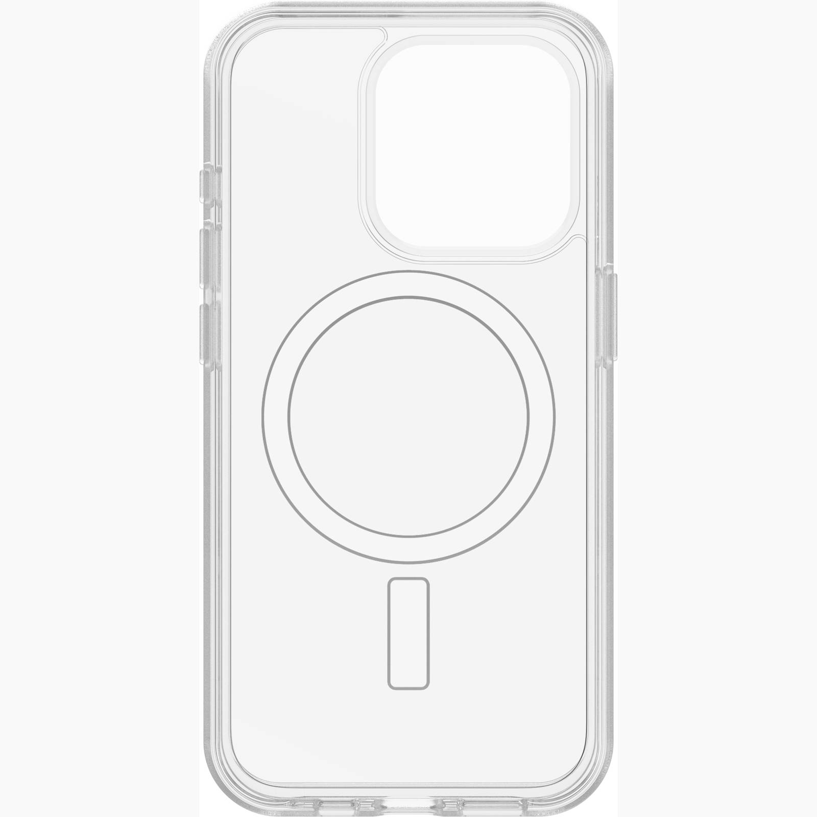 Průhledný mobilní kryt s kruhovým MagSafe vzorem, vhodný pro smartphone s velkým výřezem fotoaparátu v levém horním rohu.