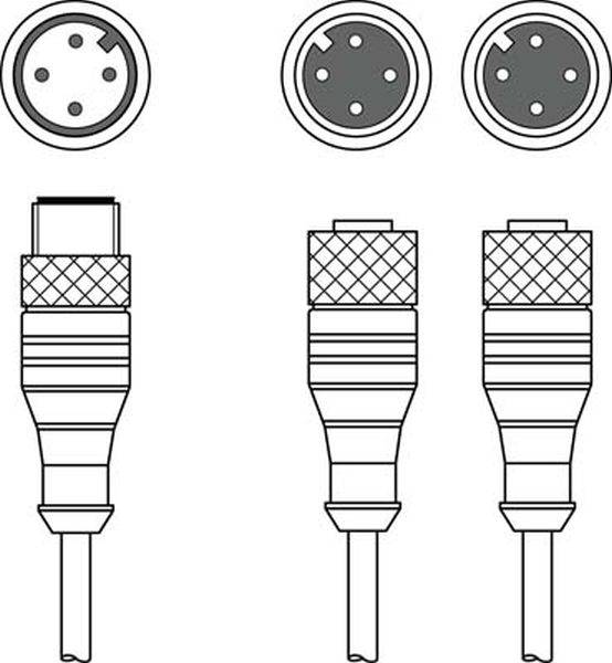 Tři XLR konektory a jejich zásuvky jsou zobrazeny, každý s třemi kolíky a kulatými kryty, které se používají pro audio připojení.
