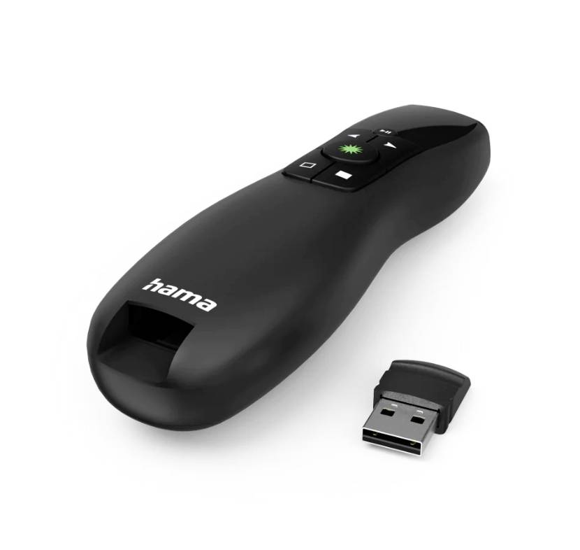 Černý prezentační dálkový ovladač s USB připojením. Značka: Hama. Hlavní tlačítka a laserový ukazovátko viditelné na přední straně.