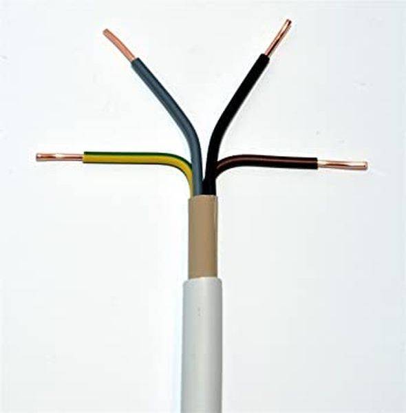 Elektrický kabel se čtyřmi otevřenými vodiči různých barev. Barvy jsou černá, hnědá, šedá a zeleno-žlutá.