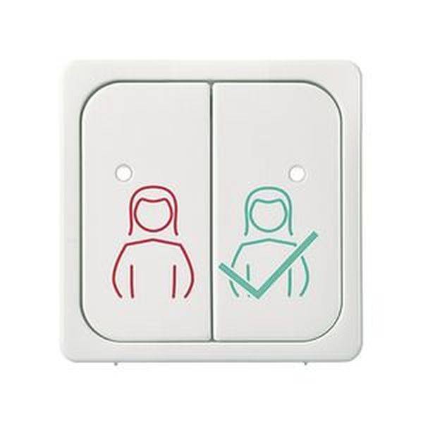 Dva světelné spínače: vlevo červený symbol osoby, vpravo zelený symbol osoby s fajfkou.