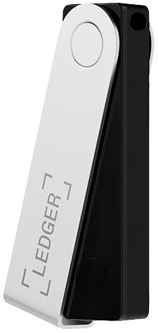 Zařízení podobné USB flash disku s nápisem 'LEDGER', používané k bezpečnému ukládání kryptoměn.