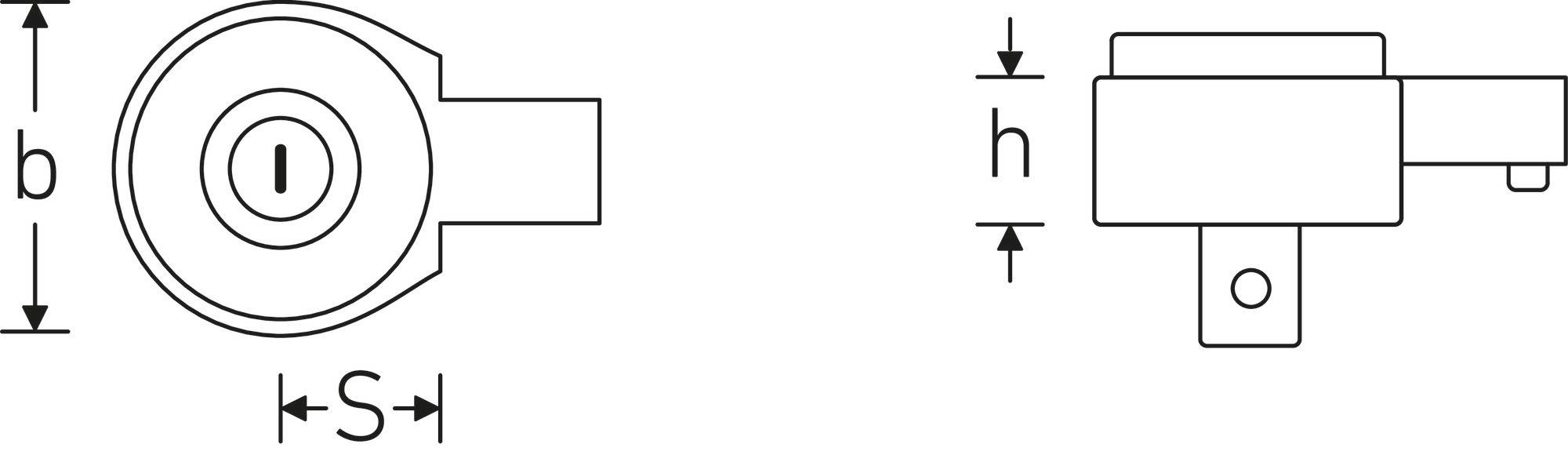 Diagram válcového zámku znázorňující pohled shora a z boku. Pohled shora zahrnuje průměr 'b' a posun 'S'. Boční pohled ilustruje výšku 'h'.